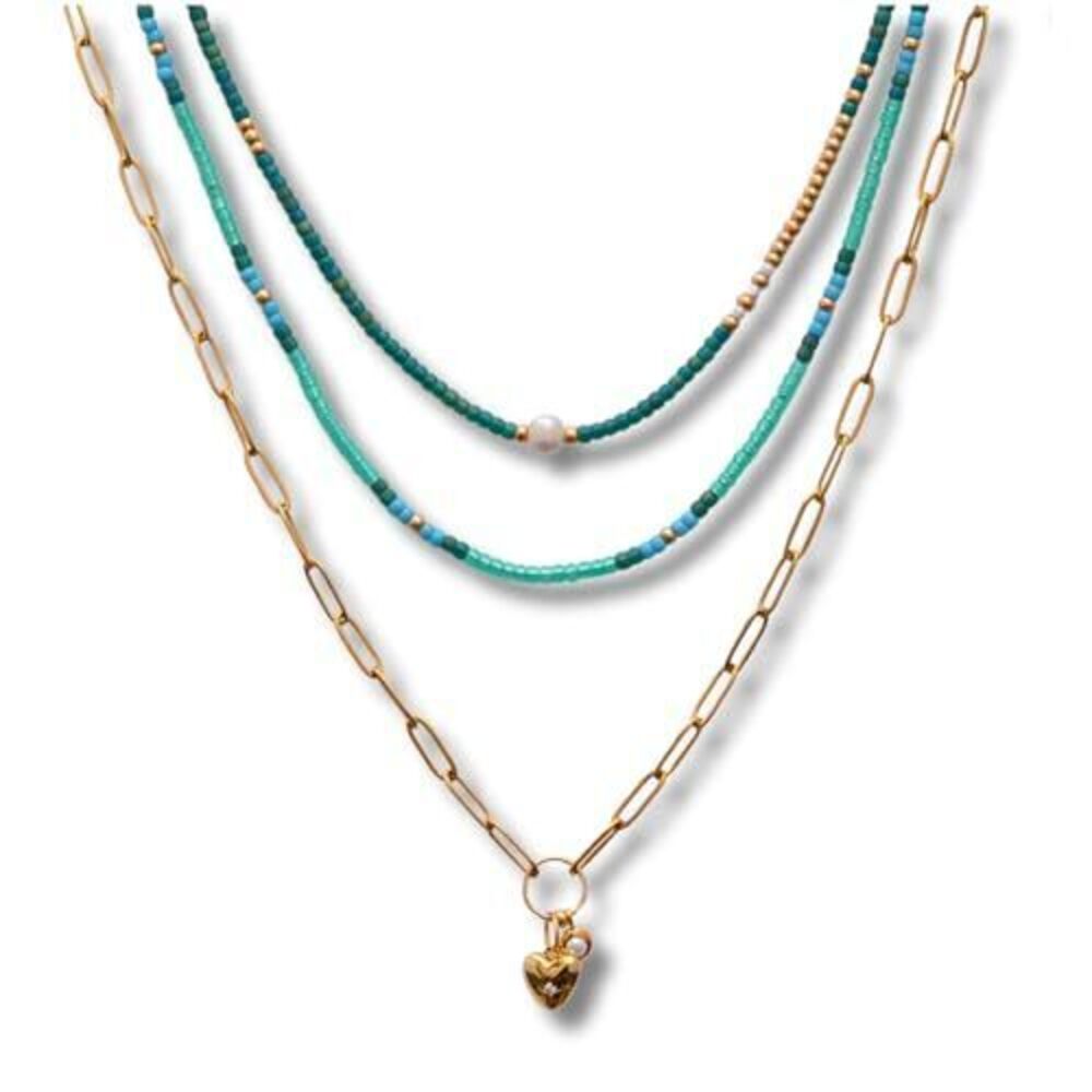 9973 Set of 3 Bohemian Necklaces Teen Girls, Turquoise Green Gold